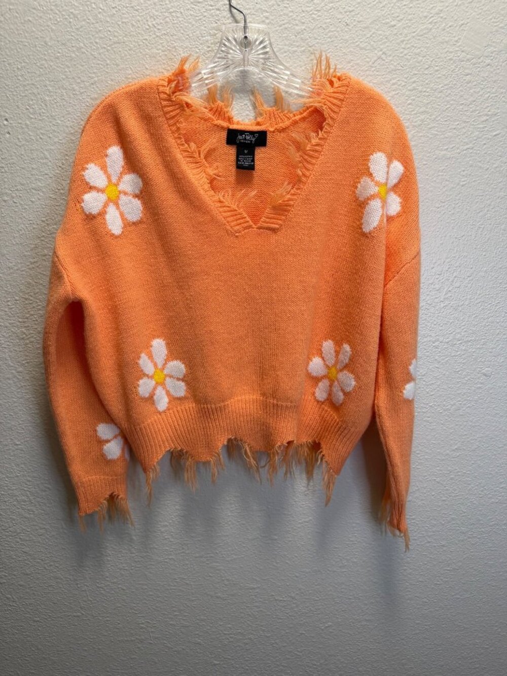 Just Polly Orange Distressed Daisy Knit Sweater V-Neck Medium